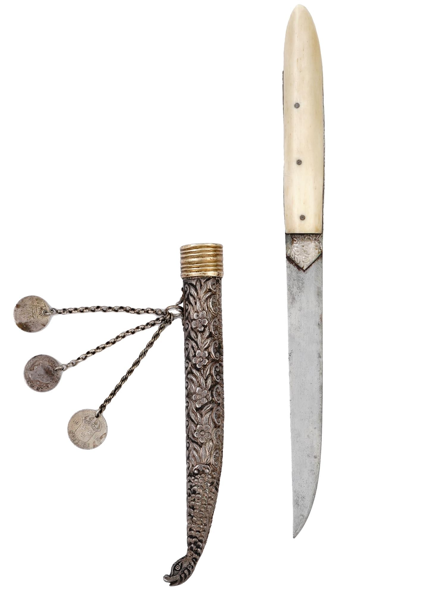 A CRETE SILVER-MOUNTED DAGGER OR KNIFE, 19TH CEN, OTTOMAN EMPIRE: A CRETE SILVER-MOUNTED DAGGER OR KNIFE, 19TH CEN, OTTOMAN EMPIRE Crete knife or dagger, Ottoman Empire, 19th century with a single-edged wedge pointy blade, grip scales made of carved polished bone, h