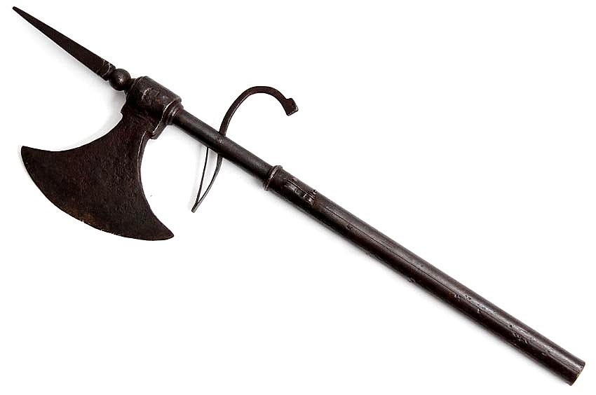 RARE INDIAN MATCH LOCK GUN / AX COMBINATION WEAPON: A scarce Indian combination weapon, of all steel construction consisting of a Tabar fighting ax also equipped with a Match Lock pistol on it's shaft with the handle of the ax also serving as the barre