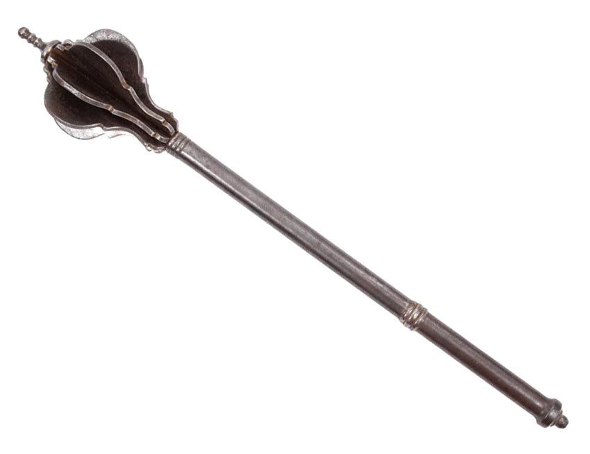 EUROPEAN STEEL FLANGED MACE IN 17TH C. STYLE: Of solid steel construction with a heavy flanged head and circular section shaft. Most likely German or Eastern European. Nice gray patina and fine pitting throughout. Dimensions: overall length - 25