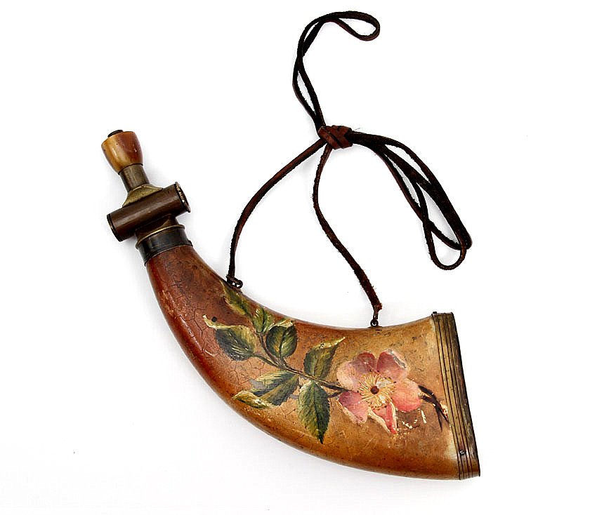 HAND PAINTED EUROPEAN GUN POWDER HORN FLASK: With complete brass mounts including powder measurer. Horn body is elaborately painted on one side with flowers. Very good condition with light wear, 19th century.