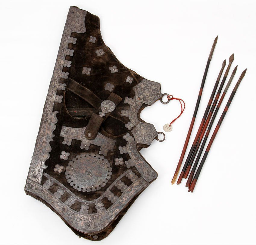 A RARE ASIAN BOW CASE, QUIVER AND ARROWS, 19TH CEN.: A rare Asian (Kazakh or Mongol) bow case, quiver and arrows, 19th cen. Both bow case and quiver are silver mounted. Leather is in good condition.