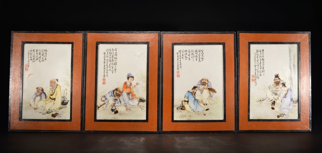 A SET OF FOUR FAMILLE-ROSE WALL PLAQUES: The set of four wall plaques, each of the front is decorated with two individuals socializing and on the top left is Chinese writings. 7 5/8 in. (19.5 cm) long, 5 12.7 cm) wide. Republic Period Wang Q