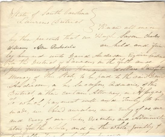 SC Slaveowner, Revolutionary War Vet Sign Bond (1 of 2)