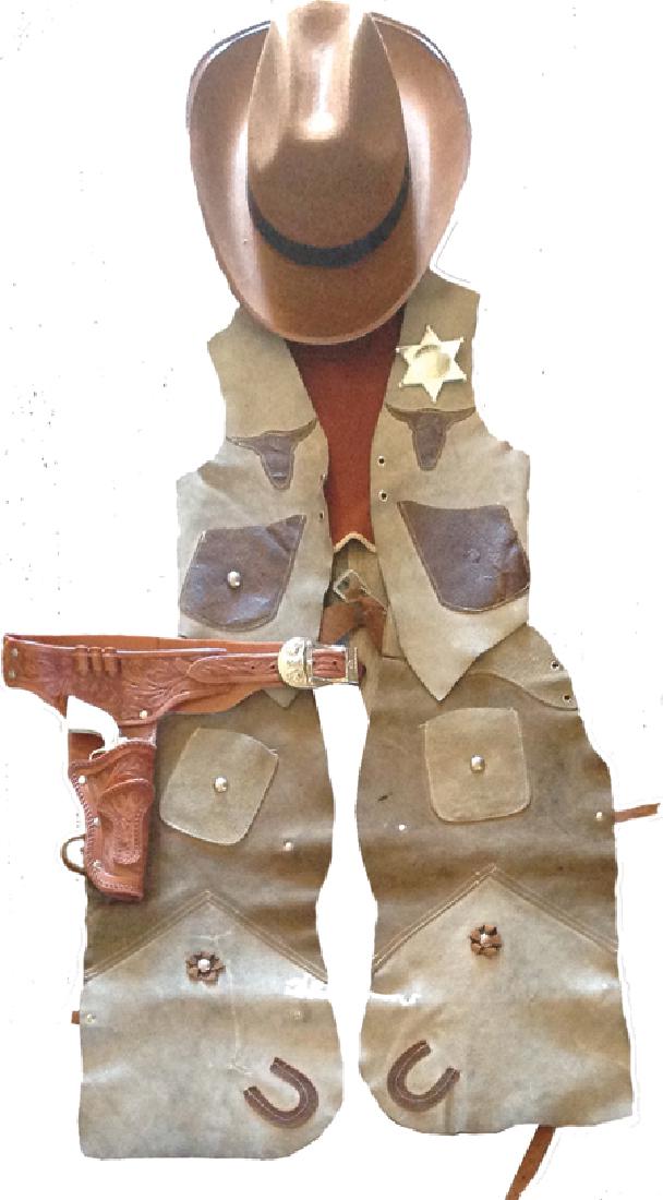 Buckaroo Outfit: Ca. 1950s-'60s, Includes child's size 6 hat, 22" leather chaps, and 17" leather vest, plus a 27" plastic holster, belt, and pistol. 4 pcs