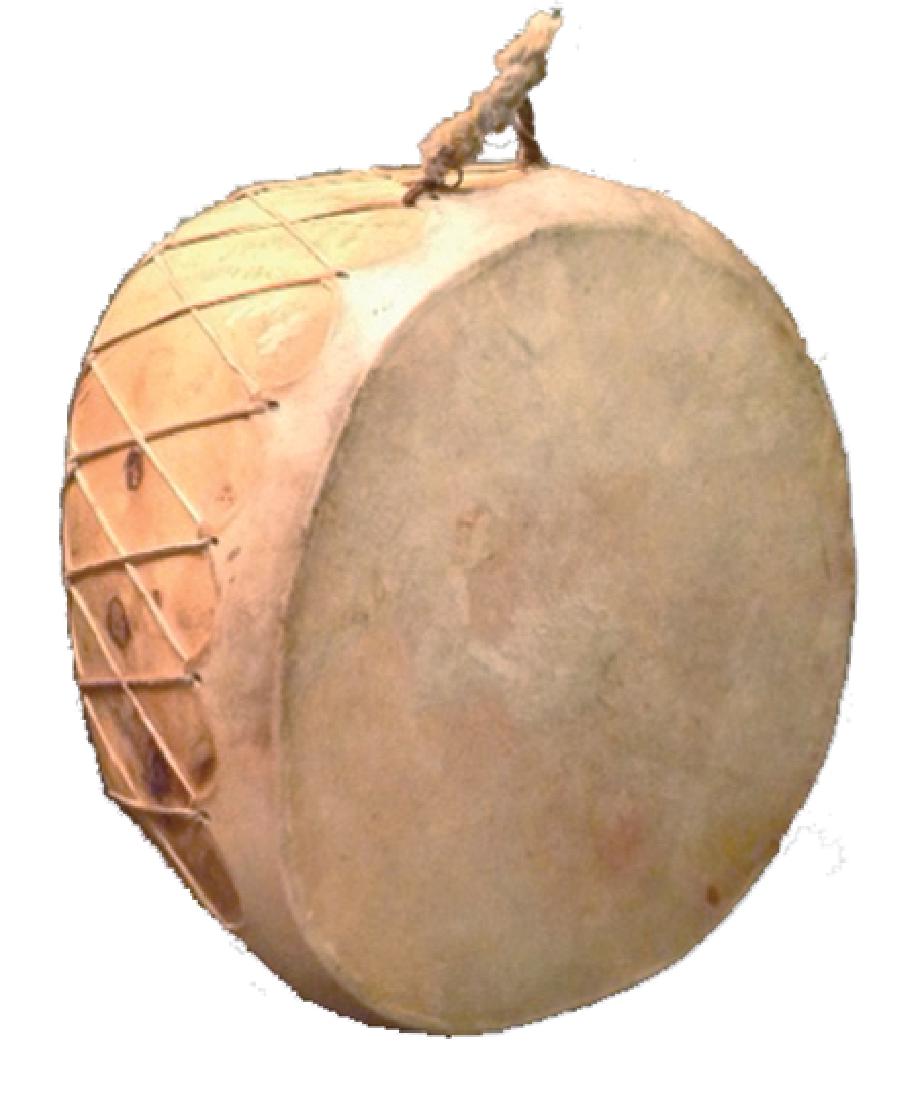 Taos Drum: Ca. 1960s, Traditional stretched rawhide-faced powwow drum made from a hollowed cottonwood log section. Very good condition. 15" x 24"