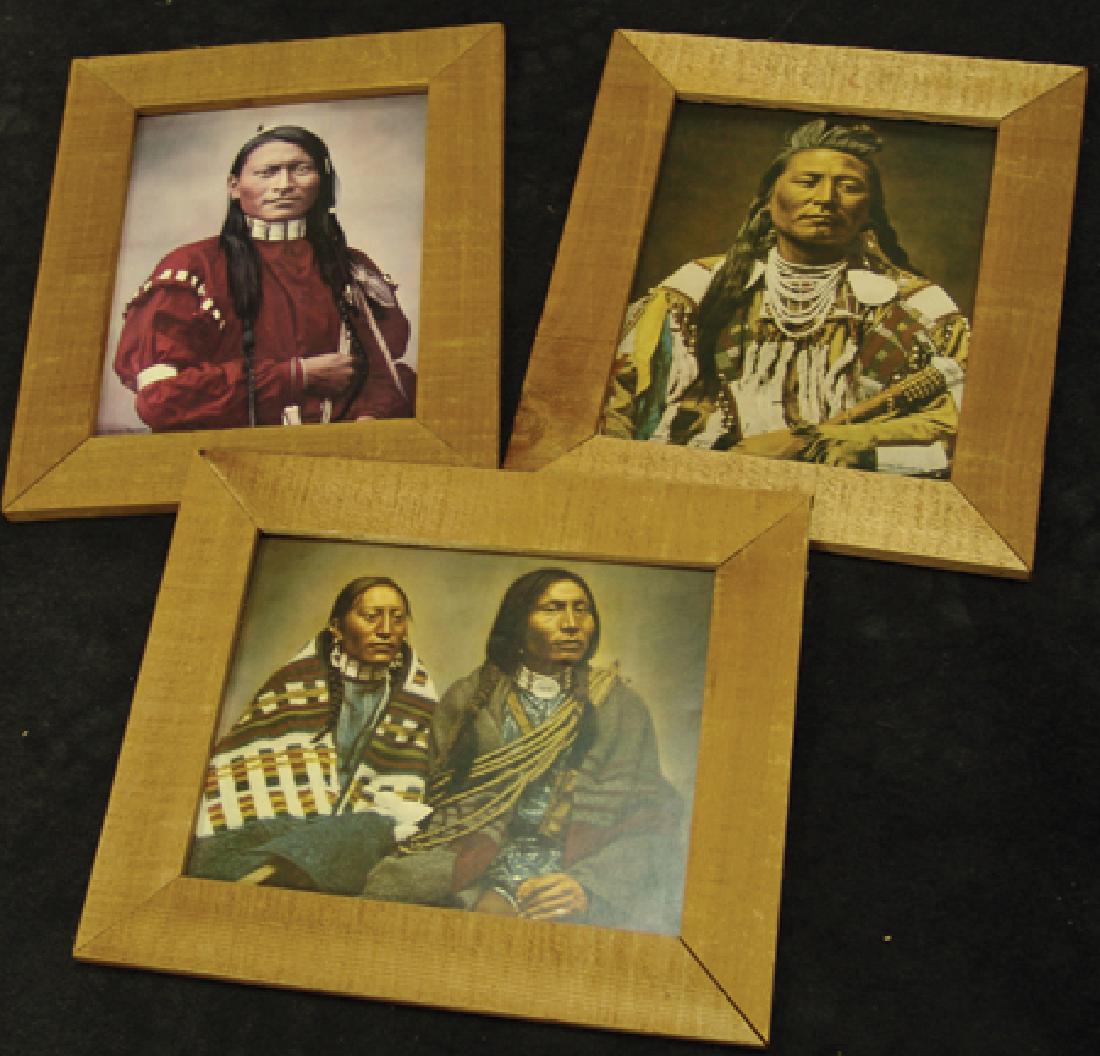 3 Colored Photos: Ca. 1970s, Group of three reproduction "hand tinted" photos of famous Indians, all in matching rough cedar frames. Produced by the Smithsonian. 14" x 10-1/2" (19" x 15-1/2" framed) ea.