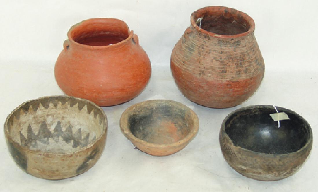Anasazi Pottery Group: Prehistoric, Group of five great Salado, etc. pottery vessels including corrugated wares and a black/white bowl. All in as-found, unrestored condition. Largest 6" x 7"