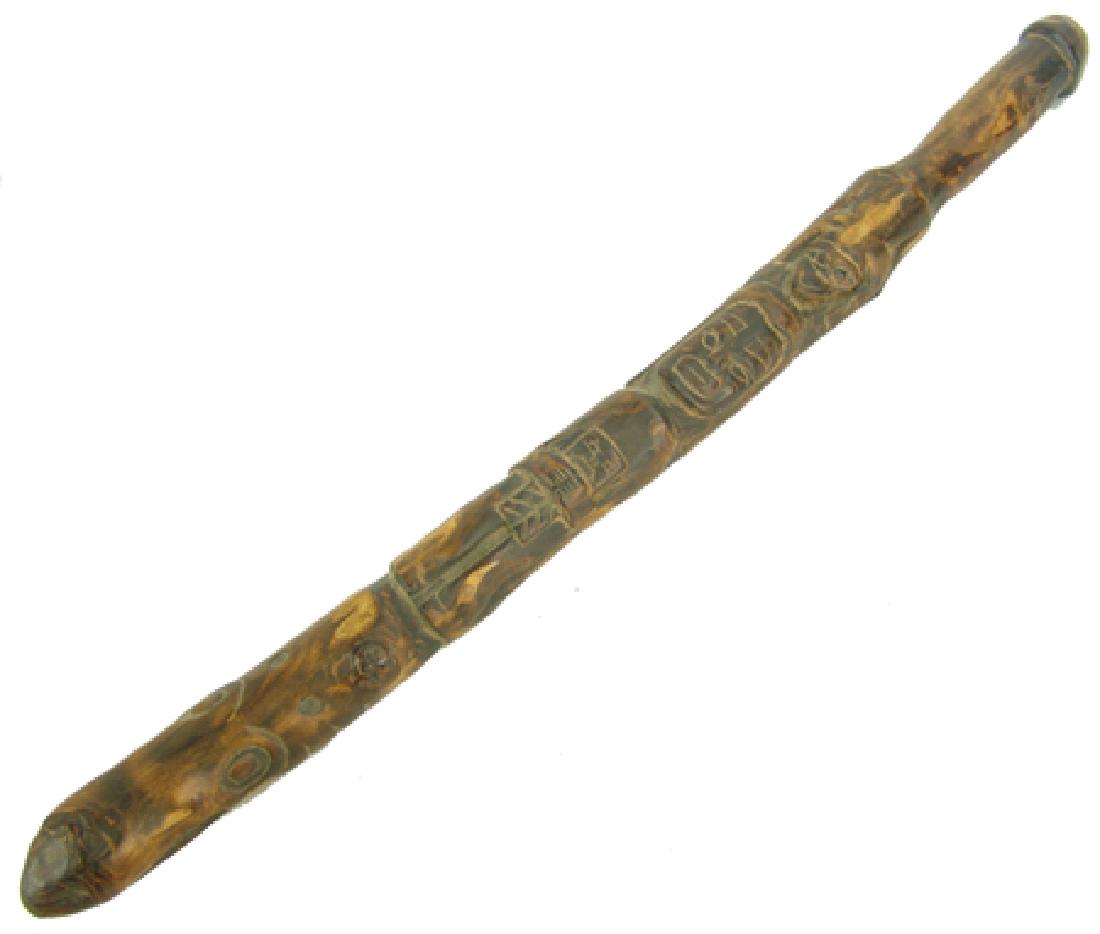 Totemic Wooden Club: Early/Mid 1900s, Unique hand carved hardwood club with NW Coast figures top to bottom. Very good condition, nice patina. 25"