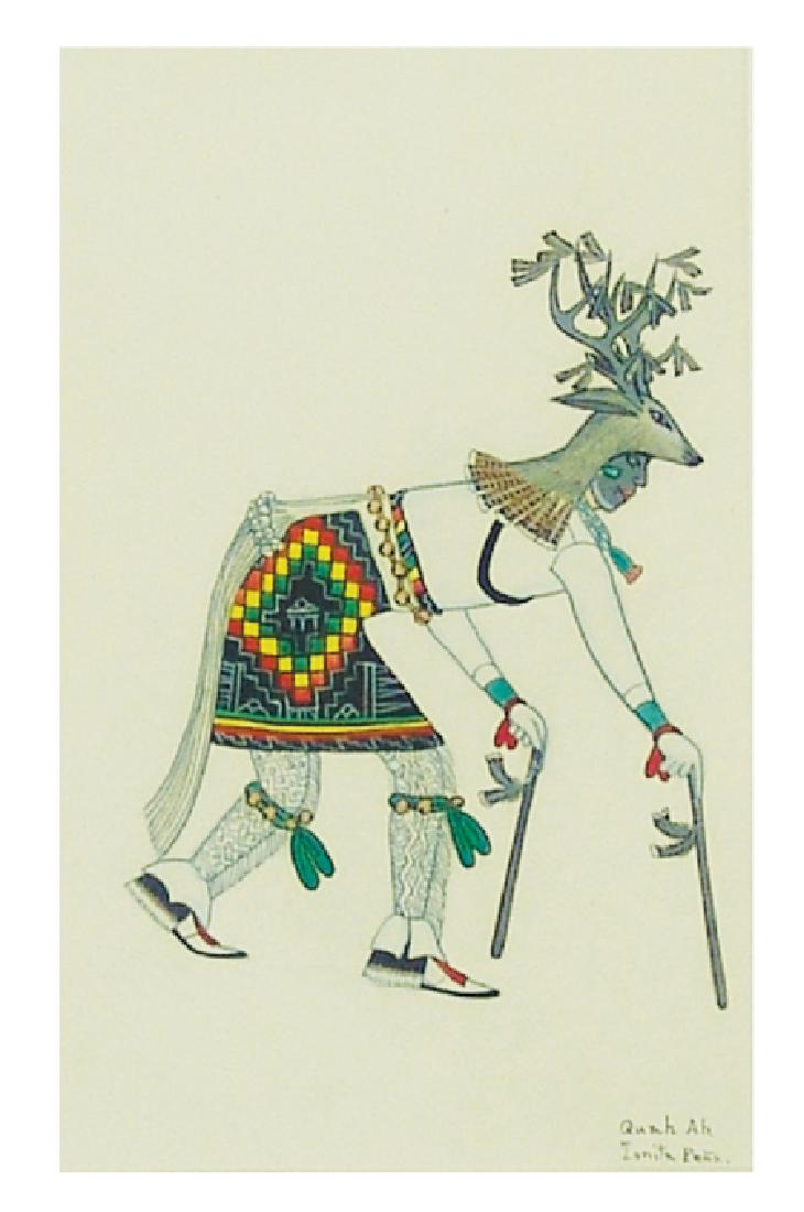 Tonita Pena, San Ildefonso (1893-1949): Ca. 1920s, Rare signed original watercolor on paper titled simply "Deer Dancer," and signed "Quah Ah." Very good condition. 10" x 6" (19" x 14" framed)
