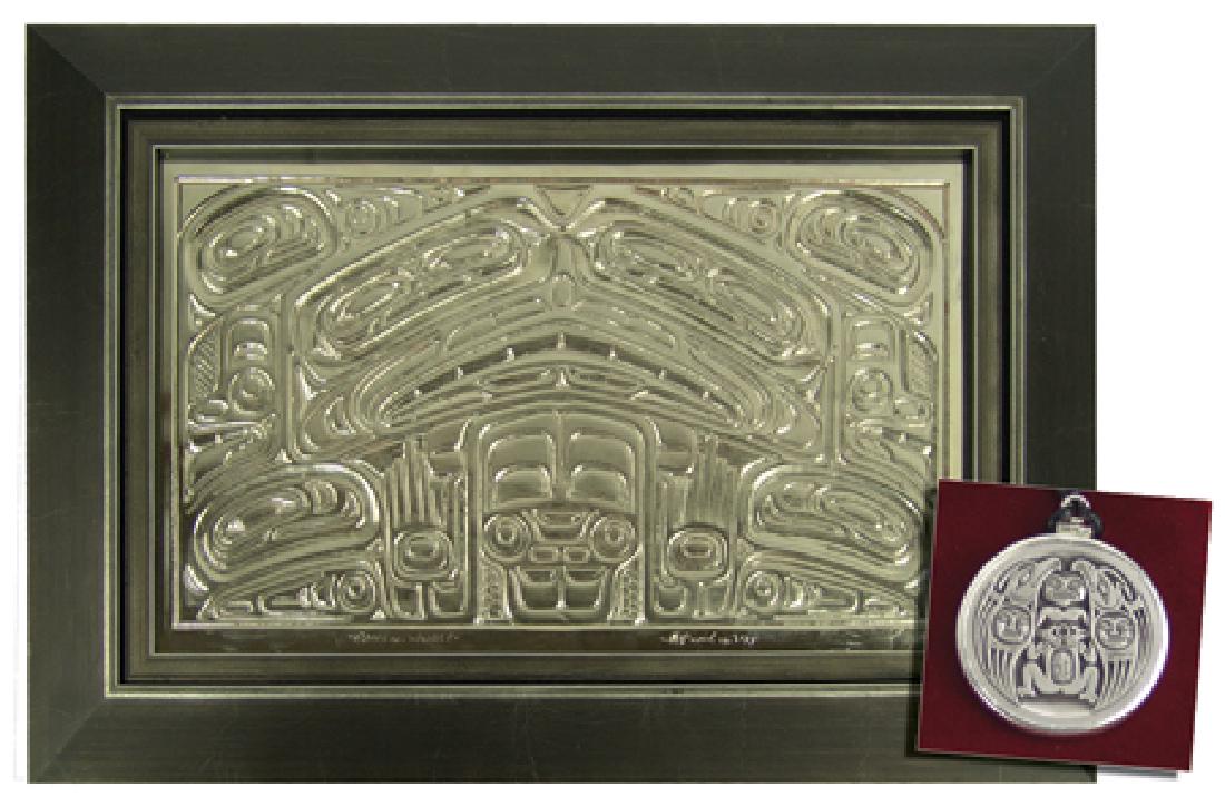 NW Coast Artwork - Joseph Ilig: Ca. 2017, Beautiful hand pressed aluminum repousse' transformation panel titled "Raven-Whale." Custom framed and comes with a 1-1/8" two-sided spindle whorl pendant. Excellent condition. Signed. 9" x 