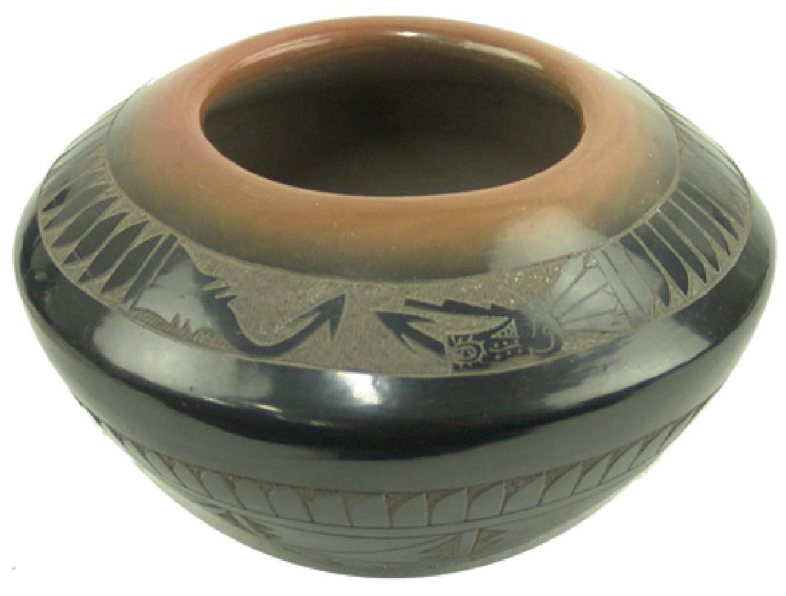 San Ildefonso Pottery Bowl - Tom Tapia: Late 1900s, Fine two-color sgraffitto pottery bowl with radiating feather design and single geometric design band. Very good condition. 4" x 5-1/2"