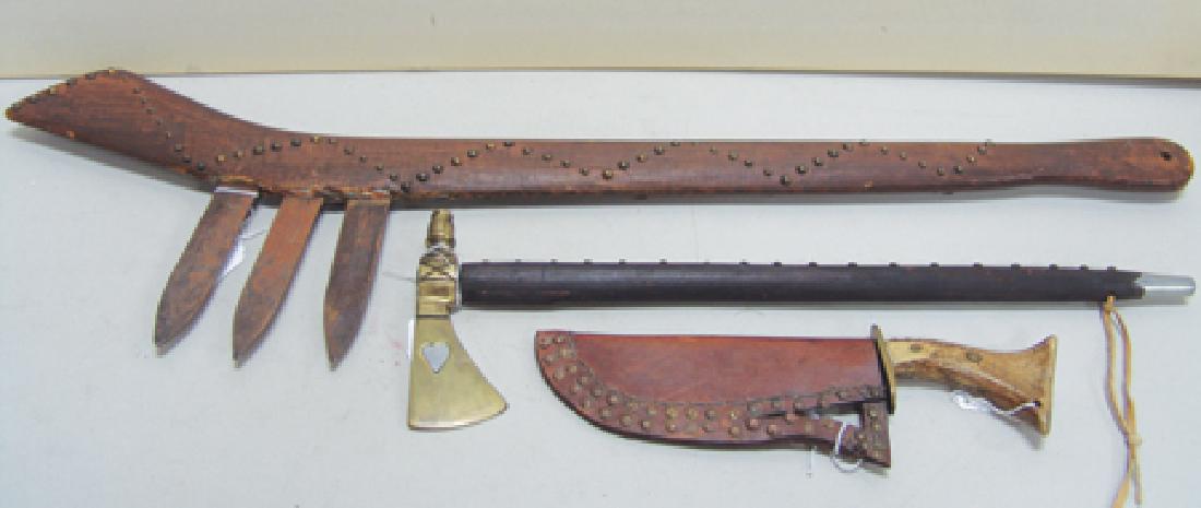 Weapons Box Lot: Various Ages, Three old weapons including an antler handled bowie knife with leather brass tacked sheath; a metal spiked and brass tacked "gun stock" war club; a brass headed pipe Tomahawk, the brass