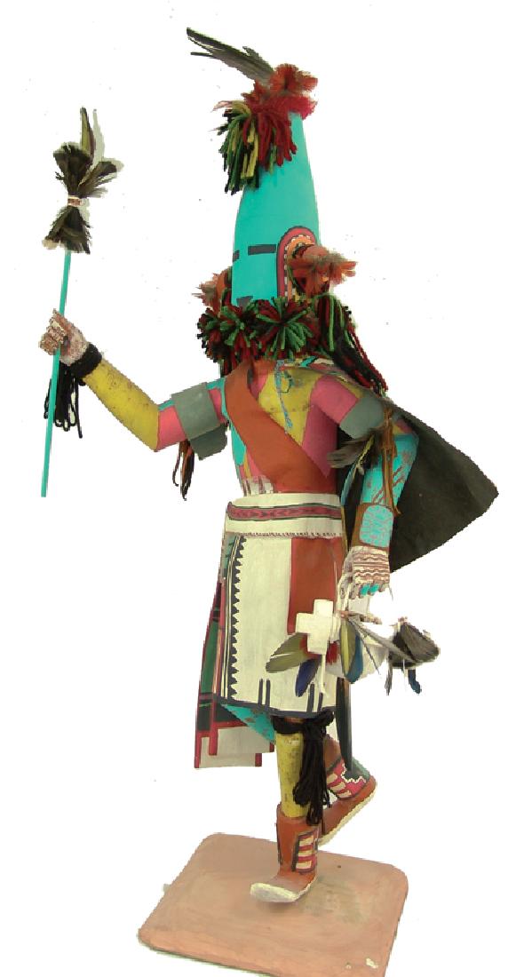 Large Hopi Kachina Carving: Mid 1900s, Huge vintage hand carved and painted cottonwood root "Aholi" carving, fully outfitted with mask, cape, sash, kilt, prayer stick, wand, and white gourd pot. Very good condition, minor repair