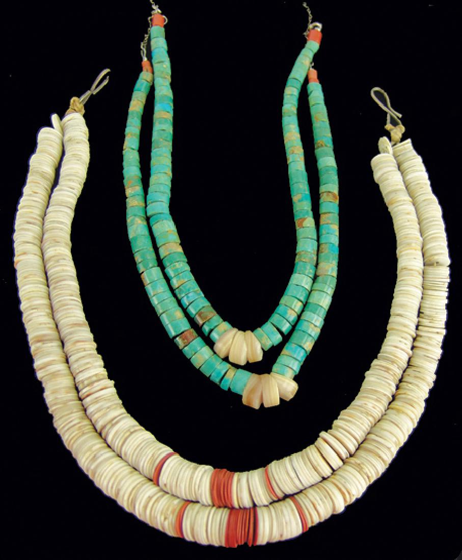 2 Pairs of Pueblo Jaclas: Ca. 1960s-1970s, Lot includes a small graduated set made from turquoise with shell "corns," and a larger, less graduated pair made from shell wampum. Both in very good condition with nice patina. Larg
