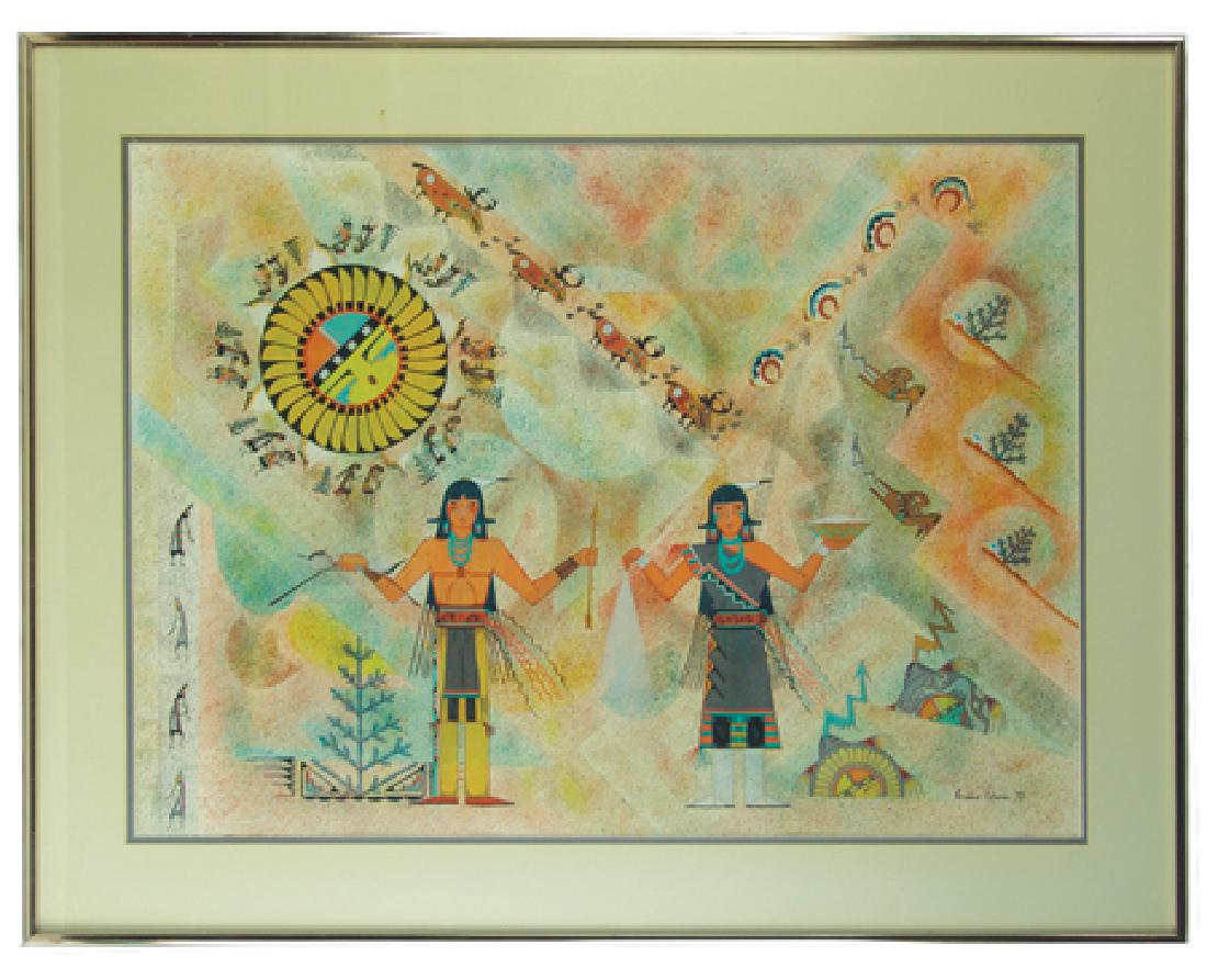 Geraldine Gutierrez, San Ildefonso (20th Century): Ca. 1977, Large colorful signed original gouache and watercolor on paper depicting traditional Pueblo figures and symbols all done in her unique contemporary style. Very good condition. Custom matted