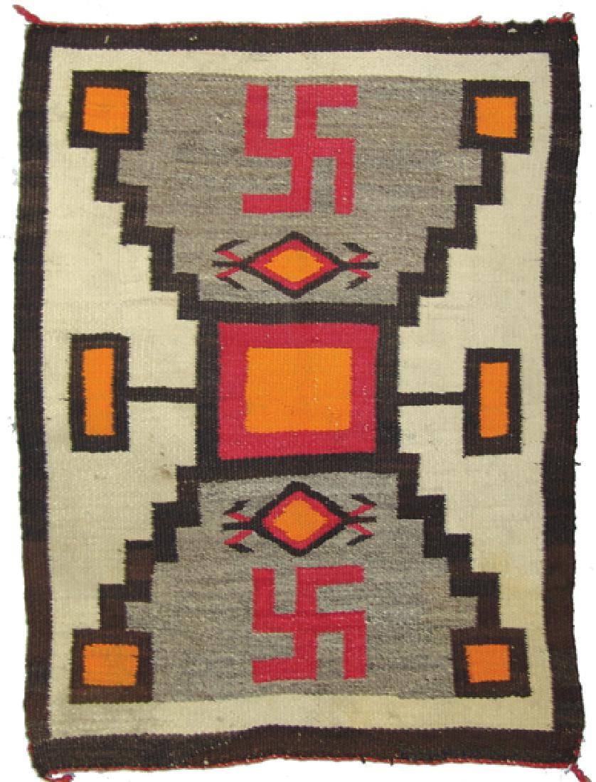Navajo Rug/Weaving: Ca. 1930s, Small pictorial storm pattern with interesting water bug and bold red fylfot cross figures. Good condition, minor staining, intact but shows some use, little edge damage. 33" x 35"