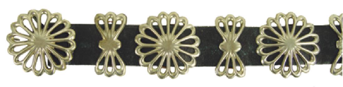 Navajo Concho Belt: Ca. 1960s, Vintage sand cast all-silver belt with seven 2-1/2" round rosette conchos, eight spacers, and matching buckle. Very good condition, signed "JT"(?). Fits 30"-40"