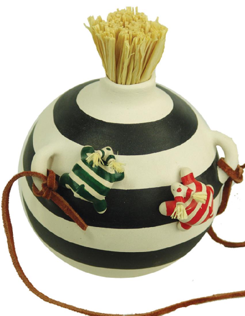 Choctaw Pottery Storyteller - Randall Chitto: Late 1900s, Small original design pottery vessel painted in black and white striped Koshare clown colors and with two baby Koshare animal figures climbing the side. Very good condition. 5" x 5"