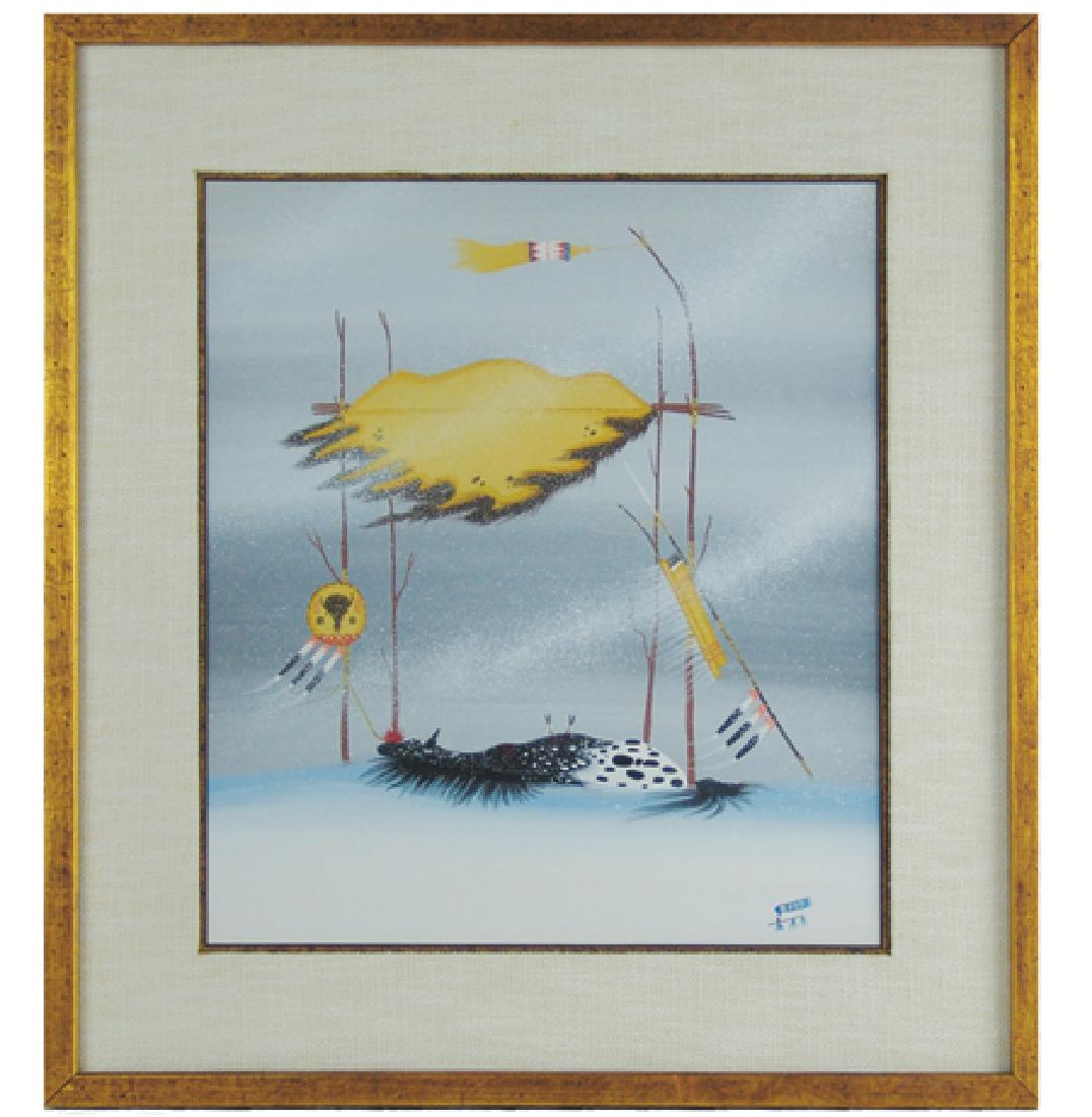 Rance Hood, Comanche (b.1941): Ca. 1970s, Large signed original gouache on art board depicting a traditional Southern Plains raised burial scaffold. Very good condition. 17" x 15" (24" x 22" framed)