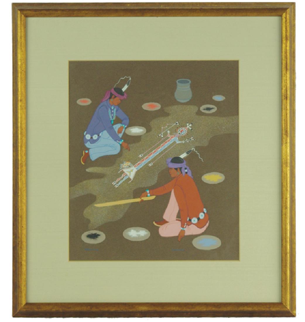 Harrison Begay, Navajo (1914-2012): Ca. 1980s, Signed original gouache/casein on brown paper, titled "Young Sand Painters." Very good condition. The artist aka Haskay Yahne Yah, shown making a Night Way Yei figurine. 13" x 11 1/2" (22" 