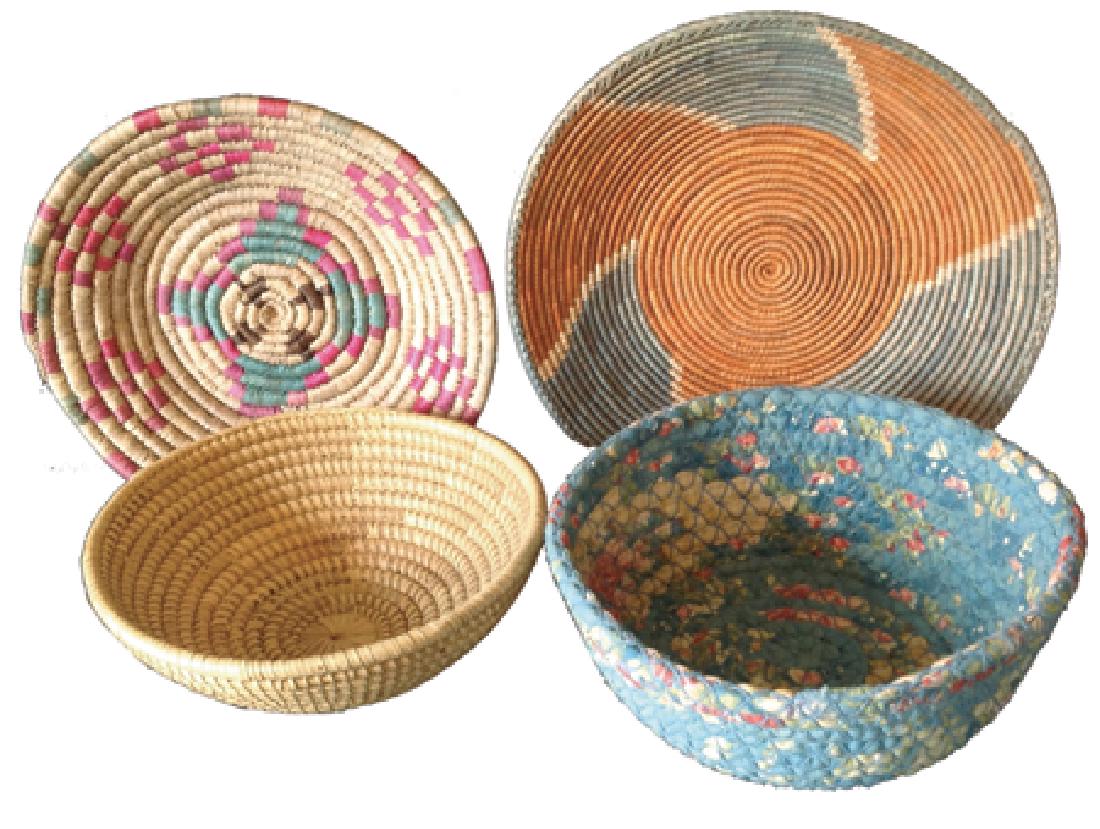 4 Baskets: Ca. 1950s-1970s, Collection of four handmade decorative baskets. Largest 15" dia.