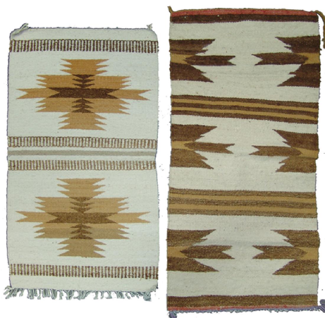 2 Vintage Navajo Rugs: Pair of traditional hand woven all wool table/altar rugs. Good condition, minor exposed warp.,Mid 1900s,Largest 36" x 17"