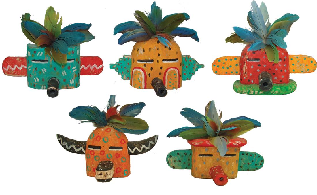 5 Hopi Kachina Carvings - Greg Lumayesva: Group of small hand carved and painted flat backed kachina masks done in his unique traditional/contemporary style. Very good condition.,Early 2000s,Largest 3-1/2" x 8"