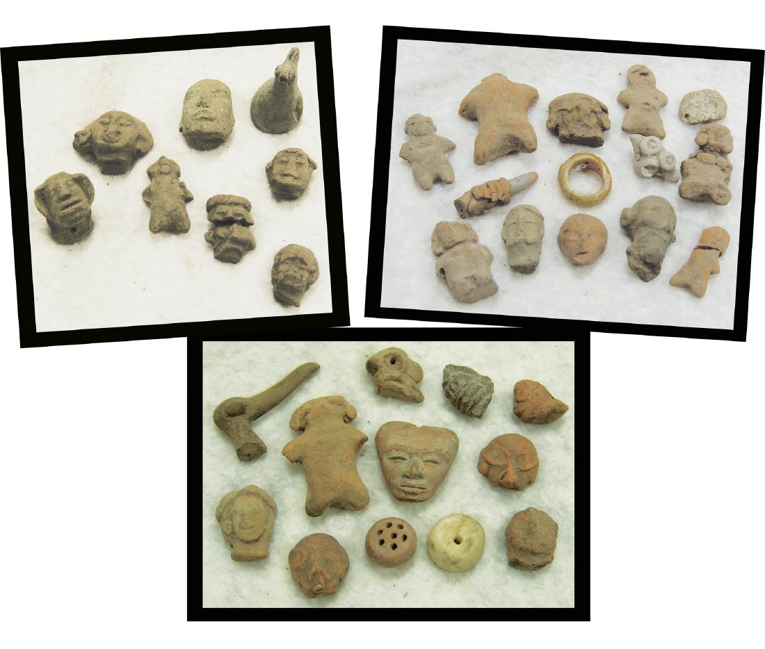 3 Frames: Set of eight Mayan items including drayments and other offerings.,300-600 AD,Largest 1-3/4" x 1"