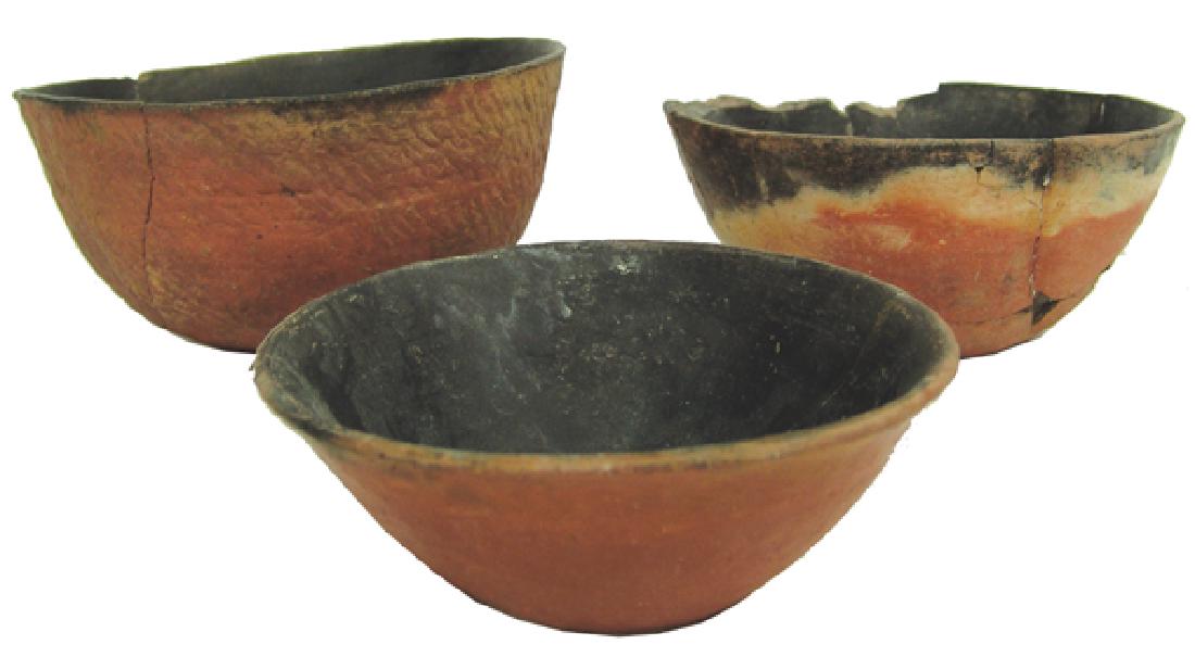 3 Anasazi Pottery Bowls: The largest corrugated and smallest onion skin both Salado redware, the other onion skin probably Ho-Ho-Kam. Good condition. Glued repairs.,Pre Historic,4" x 8"