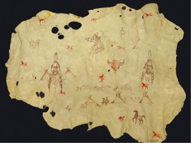 Osage Painted Hide - James Martin: Ca.1970sSmall hand buckskin hide with several original artistic images plus more traditional Plains style figures. Good condition.29" x 23"