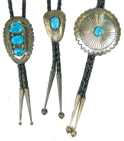 3 Vintage Bolo Ties - Leekity: Ca. 1960s-1980s Group of three beautiful vintage turquoise and silver bolo ties including two Navajo, the large rosette signed "SB" within a star, and a small shadow box (unsigned), plus a fine Zuni v