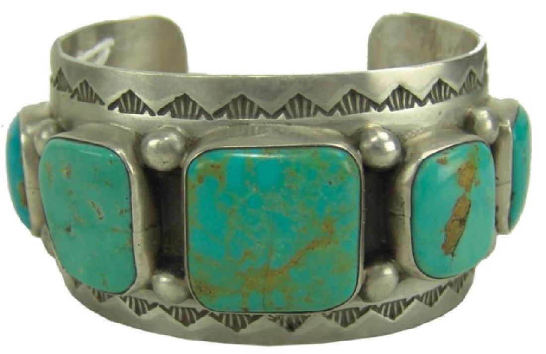 Navajo Bracelet - Ed Begay: Beautiful, wide satin finish all silver cuff bracelet with fine two stamp details. Very good condition, large stone has hairline crack. (Ed is actually Hopi.),Late 1900s,5-1/2" + 1-1/8" x 1-5/8"