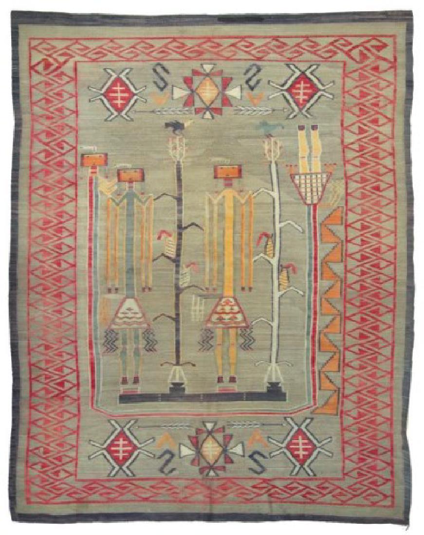 Huge Old Navajo Rug/Weaving: Huge, rare, pictorial Yei figured rug with sand painting center, crystal style symbols and Klagetoh style border and with bald eagle, two bird, corn stalks with corn, arrow figures, and more. A rare a
