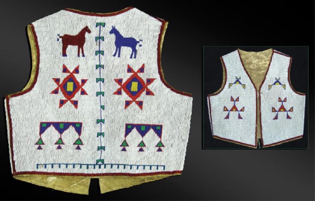 Sioux Fully Beaded Vest: Classic, fully beaded (front and back) lazy stitch and sinew sewn men's vest done on buffalo hide with traditional geometric symbols front and back, plus red and blue horses also on the back only. Ver