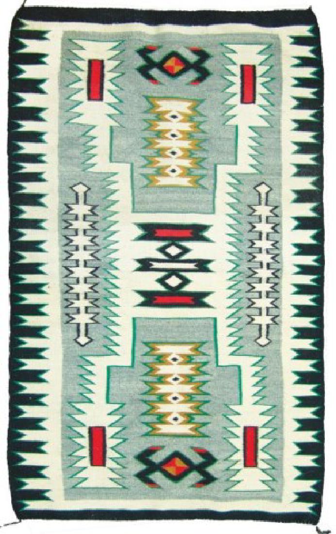 Navajo Rug/Weaving: Vintage, finer weave Storm Pattern rug with exciting geometric forms done in traditional colors, and with unique gold and green accents. Very good condition.,,52" x 32"