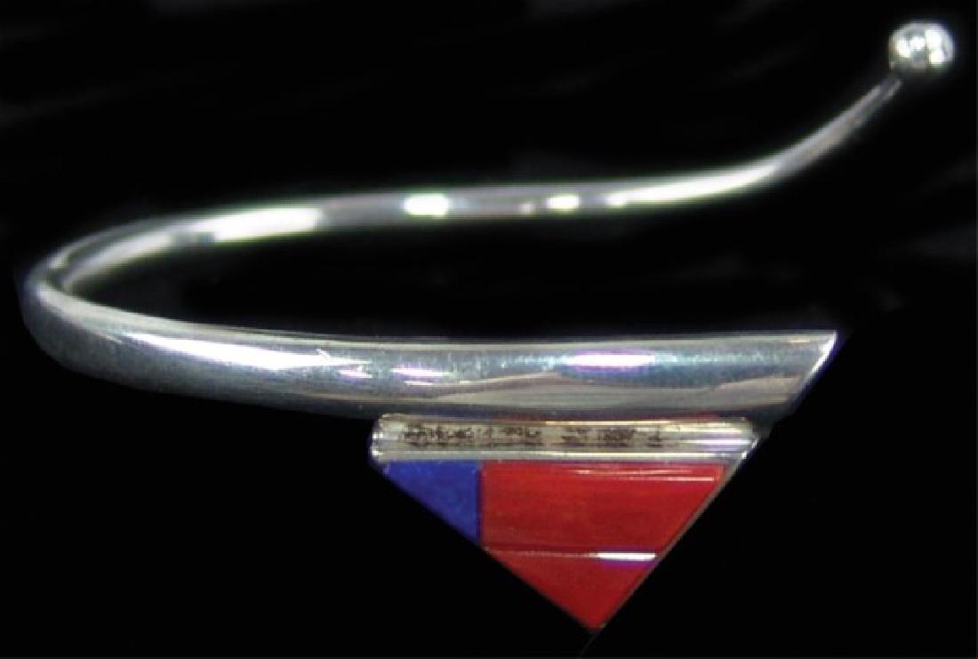 San Felipe Bracelet - Richard Chaver: Rare, original, open-end design all silver contemporary bracelet with small triangular, mosaic inlays of coral and lapis. Excellent condition.,,5" (Adjustable)