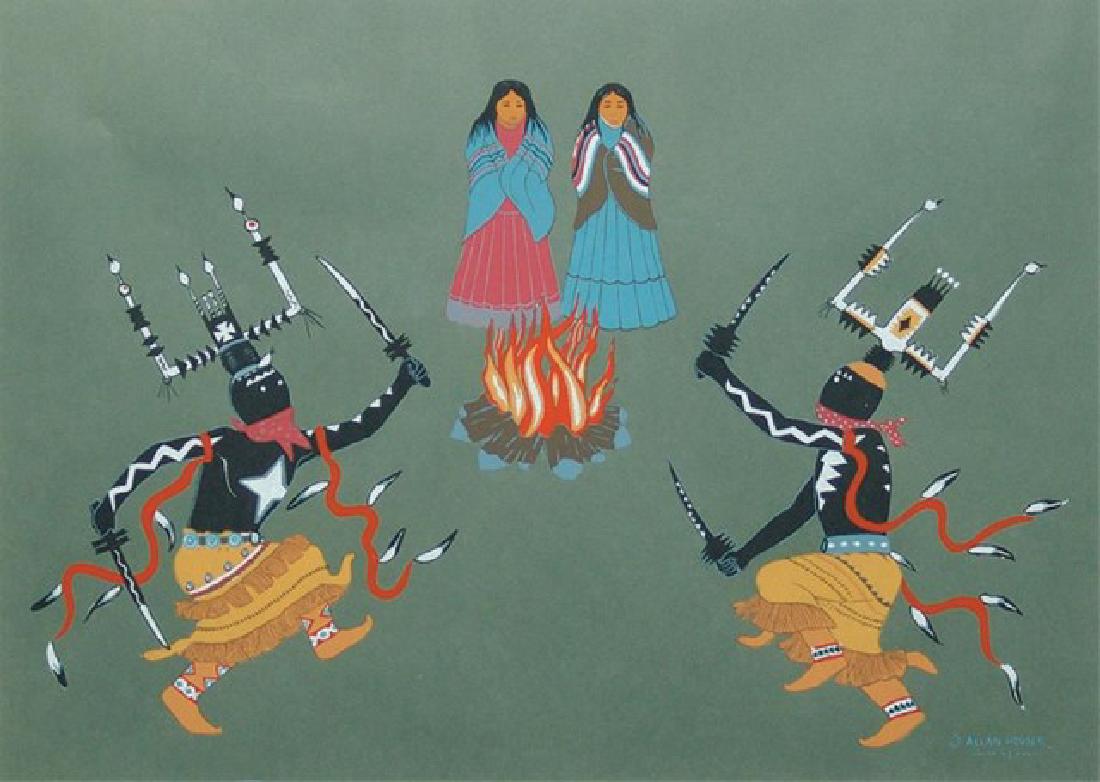 Allan Houser, Chiricahua Apache (1915-1994): Large vintage silkscreen on drab art board "Mountain Spirits Dance." Very good condition, matted and framed.,,14" x 19" (21" x 26")