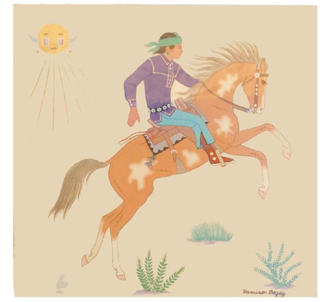 Harrison Begay, Navajo (1914-2012): Signed original gouache on paper showing a young man on his spirit horse. Very good condition.,,8" x 8"