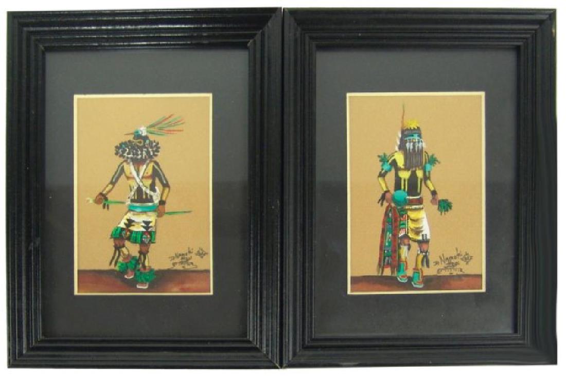 Daniel Namoki - Hopi (20th Century): Pair of small signed original gouache on art board miniature paintings of kachina dancers. Very good condition. Matted and framed.,,Each 4-1/2" x 3" (8" x 6")