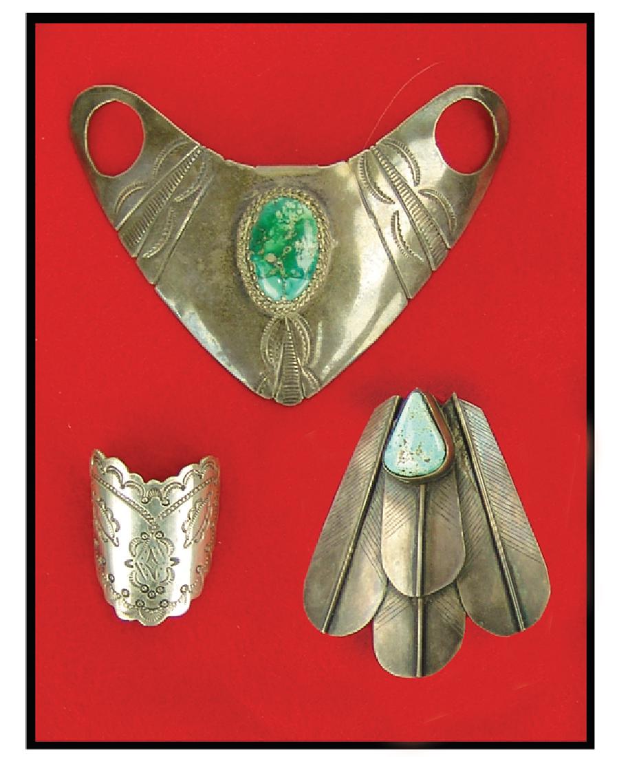 3 Navajo Shirt Clips: Three handwrought all silver ascot style neckpieces including a wide wedge, unsigned, and a feather fan signed "U. Pinkeye", both with turquoise stones, plus a small curved example with stamping signe