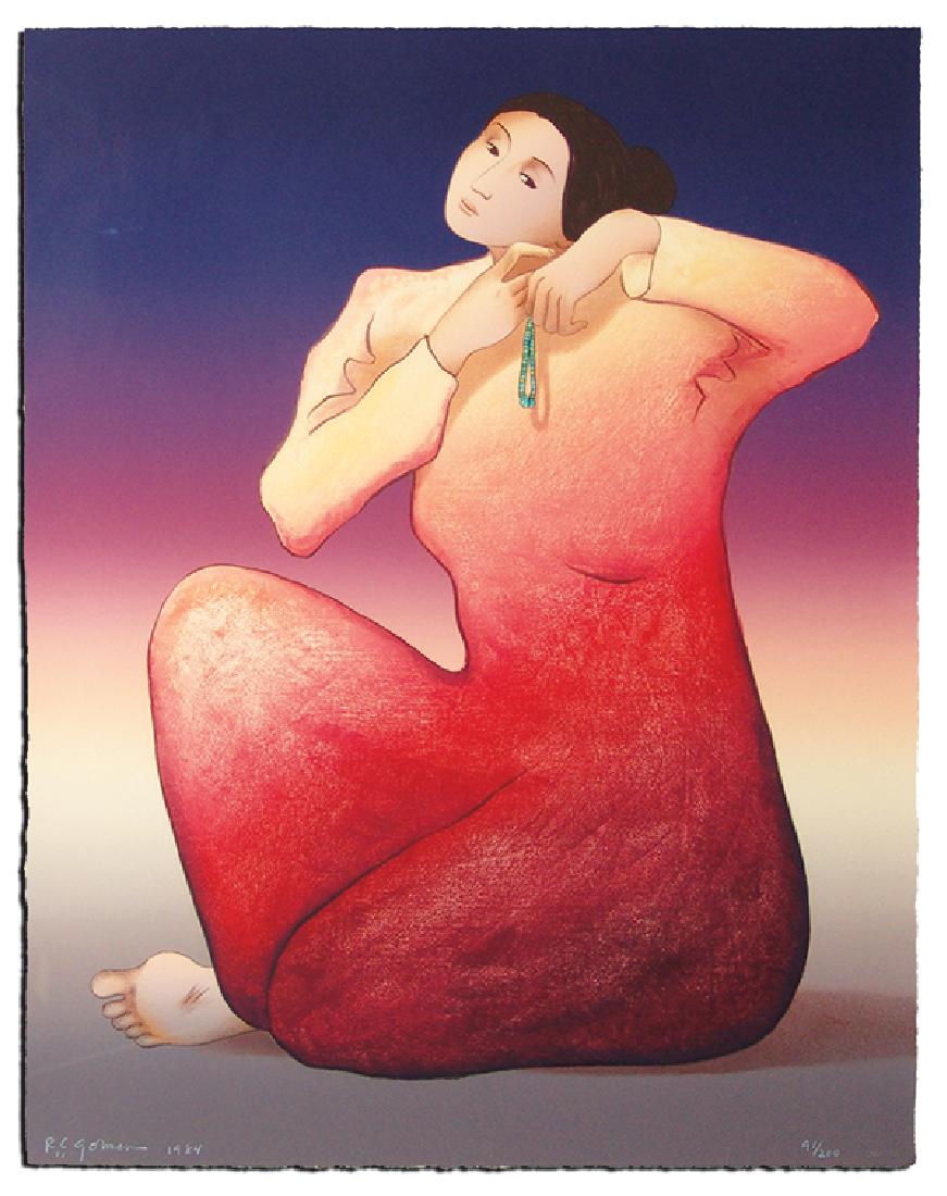 R. C. Gorman, Navajo (1932-2005): Large, colorful, signed limited edition (#91/200) lithograph on torn paper titled "Earring (Frances)." Excellent condition. In shadowbox frame.30" x 23" (35" x 27")Ca. 1984