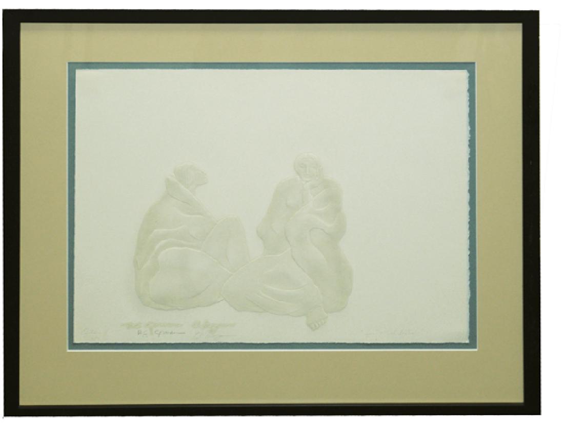R. C. Gorman, Navajo (1932-2005): Large signed limited edition (# of 450) embossed work on rag cast paper showing two seated women and titled "Spring Celebrating," with embossing by Ed Morgan. Very good condition, custom matted and fr