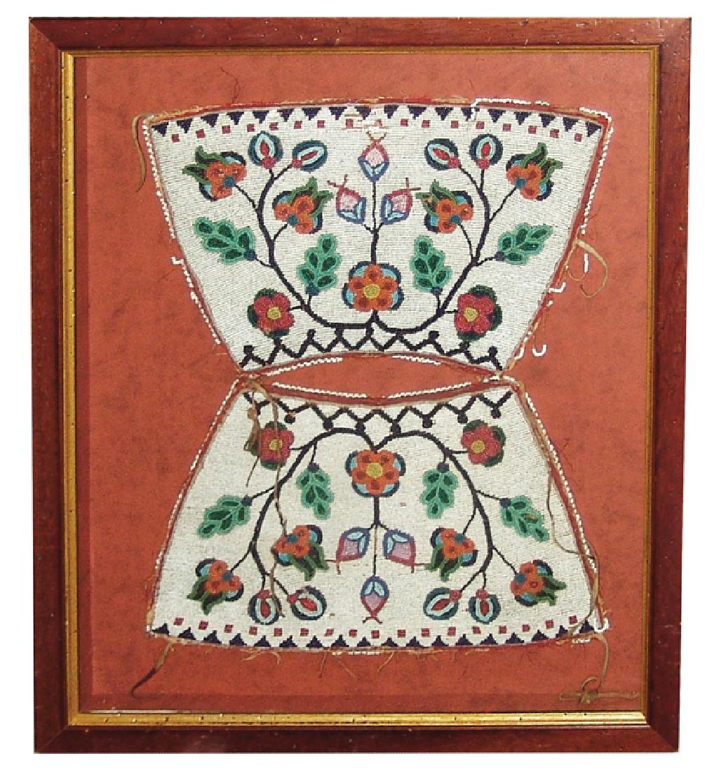 Plateau Beadwork Display: Beautiful old pair of early flat and contour beaded floral cuffs/leggings professionally displayed in a vintage shadow box frame. Good condition, of course some missing beads around the edges.8-1/2" x