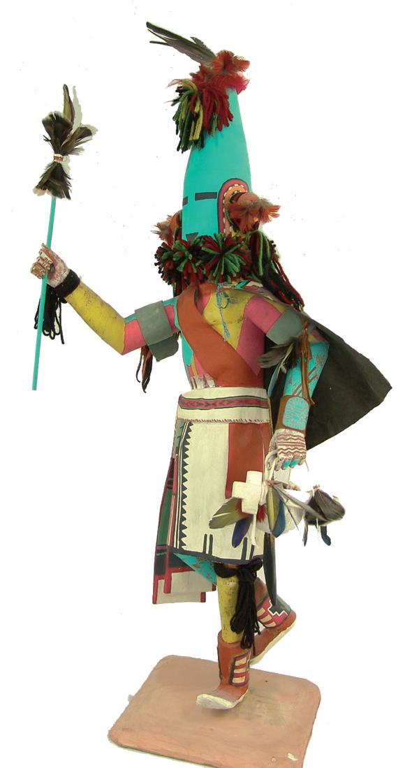 Large Hopi Kachina Carving: Huge, vintage, hand carved and painted cottonwood root "Aholi" doll, fully outfitted with mask, cape, sash, kilt, prayer stick, wand, and white gourd pot. Very good condition, minor repairs. A large a