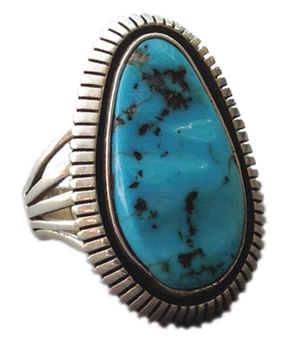 Navajo Ring - "M": Quality made, all silver ring with fancy bevel and single blue turquoise stone. Very good condition. Singed "M."Size 8-1/2Ca. 1980s