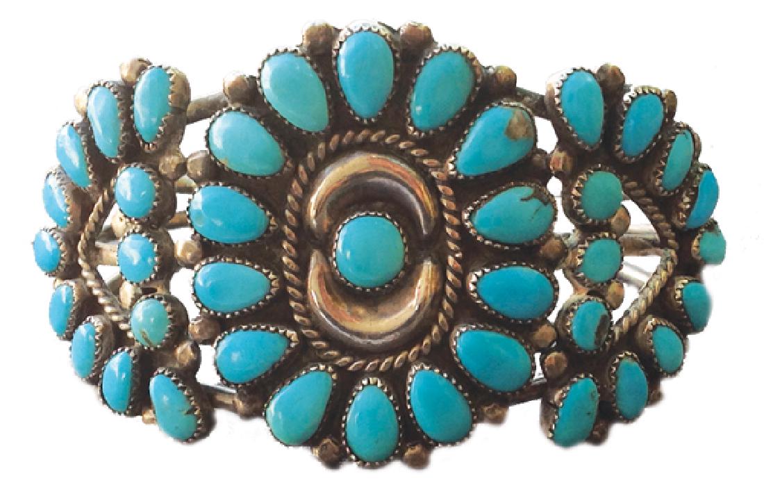 Navajo Bracelet - Victor M. Begay: Classic, silver and turquoise bracelet done in popular cluster design. Very good condition.5" + 1-1/4" x 1-1/2"Ca. 1980s