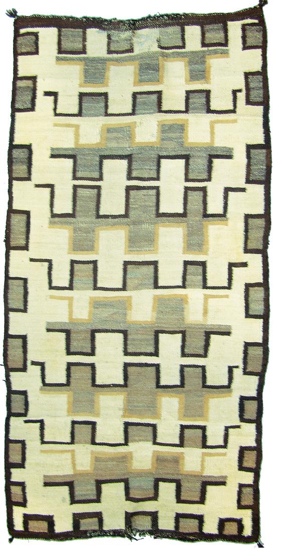 Navajo Rug/Weaving: Large, almost runner shaped, home spun four-color floor rug with interesting geometric pattern. Poor condition, wear through, exposed warp, edge erosion, etc. 82" x 41" Ca. 1940s