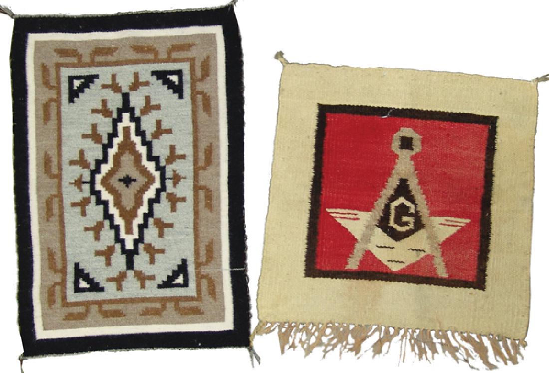 2 Navajo Rug/Weavings: Includes a small two grey hills tapestry done in earth tone geometrics and in good condition, plus an early Gallup throw with the Masonic symbol woven in also in good condition.21" x 14 - 16" x 17"Ca.