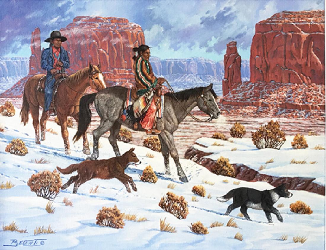 Robert Becenti, Jr., Navajo (1949-2001): Signed original oil on board, a Navajoland winter scene titled "Searching For Sheep." Very good condition. Custom triple framed.16" x 20" (26" x 30")Mid/Late 1900s