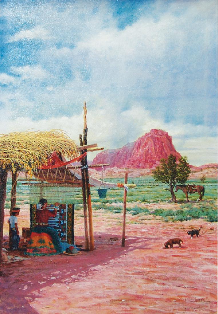 Jimmy Abeita, Navajo (b. 1947): Large and impressive, singed original oil on canvas showing a Navajo woman hard at work on a Yei rug with her son watching, titled "Navajo Weaver." Very good condition, framed. Beautiful colors!37" x 